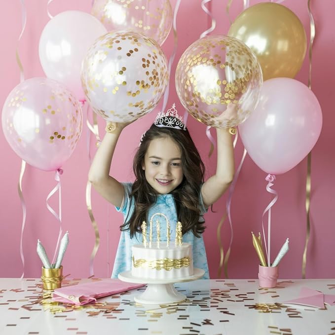 FunHot Pink and Gold Balloons, 12 Inch Metallic Gold Confetti Balloons Helium - Image 5