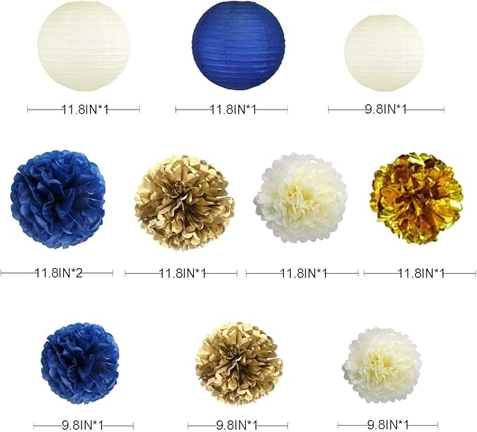 Navy Blue and Gold Party Decoration Kit Lanterns Flowers Pom Pom - Image 2