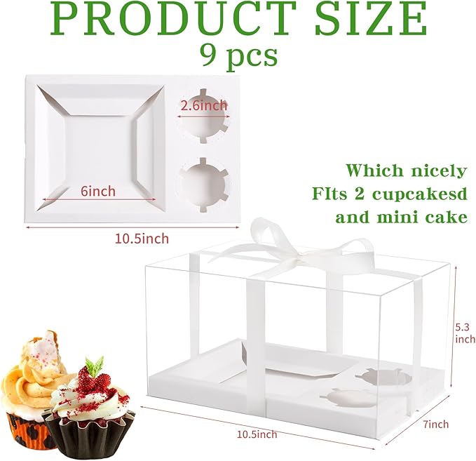 JCD 9 Pcs Cake Cupcake Combo Boxes, 1+2 Cupcakes carriers 2 Cupcakes Holes - Image 2