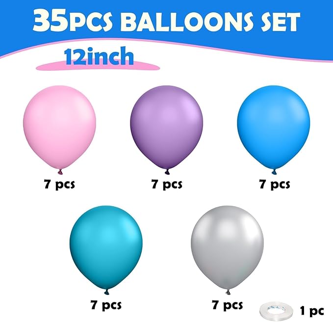 Pink Blue Purple Balloons, 12 Inchs Blue Pink Metallic Silver Cartoon Theme - Image 2