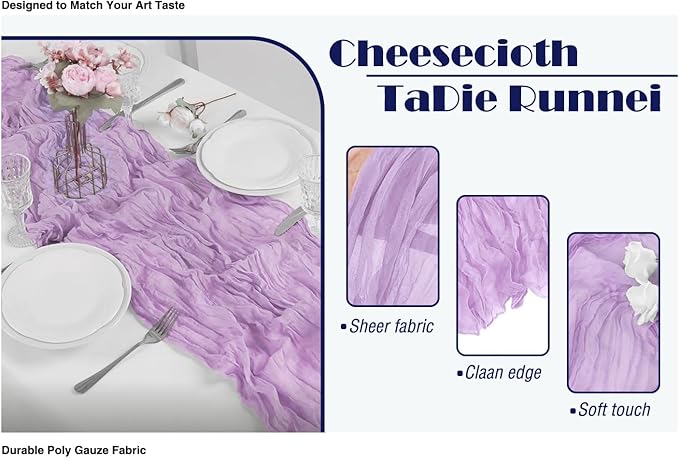6 Pack Lavender Cheesecloth Table Runner 21x120 Inch Boho Wrinkled Sheer - Image 2