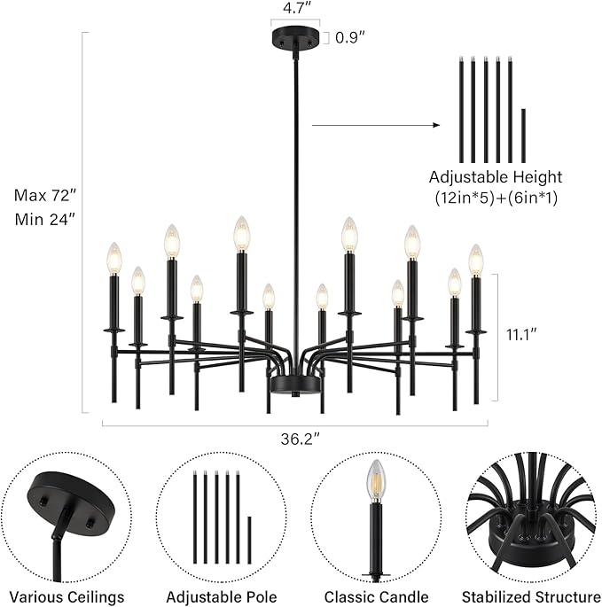 12 Light Black Chandelier Light Fixture, Modern Farmhouse Chandeliers - Image 4