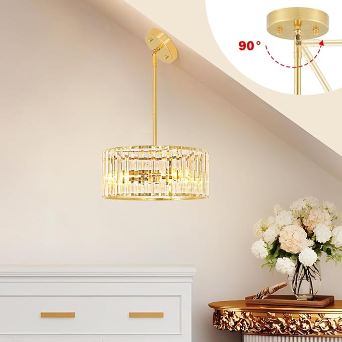 Gold Crystal Chandelier for Dining Room, 3-Light Modern Semi Flush Mount - Image 3