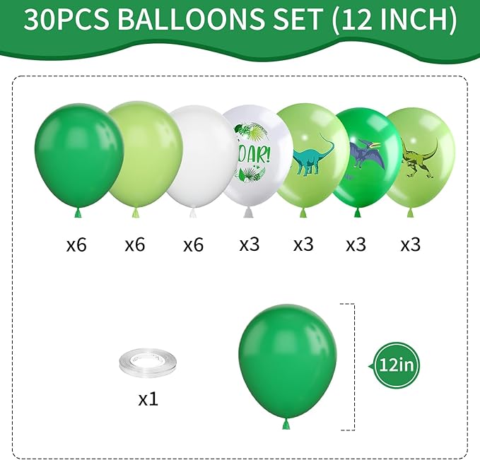 Dinosaur Balloons, 12 Inch Dino Printed Balloons Green White Lime Green Latex - Image 3