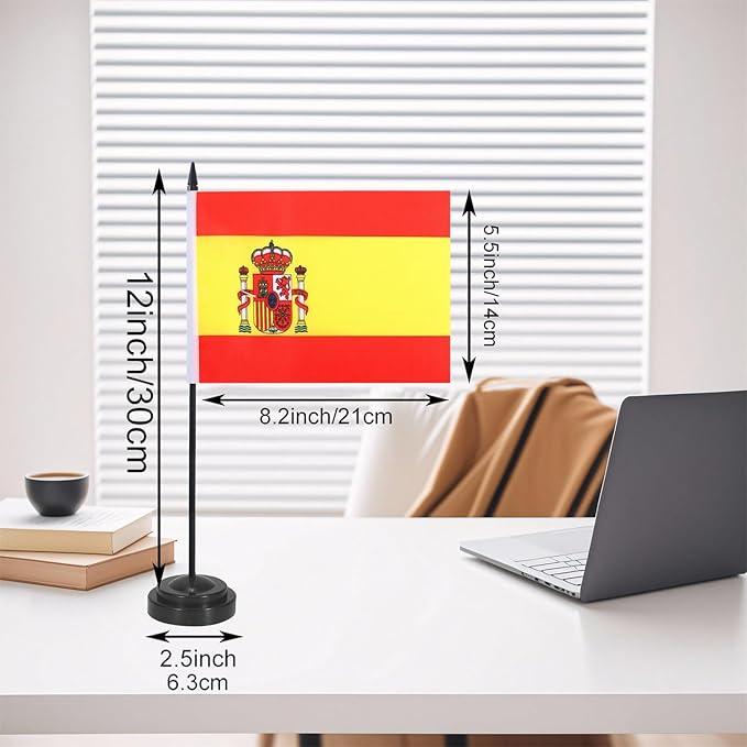 Spain Desk Flag 12" Solid Pole Deluxe Set Spanish Flags Banner Mini Small Spain - Image 2