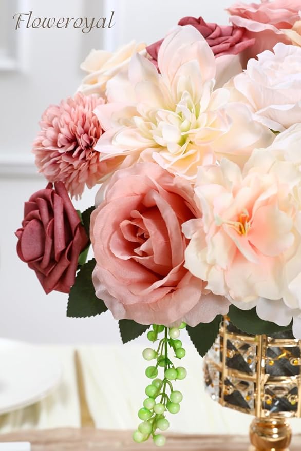 Floweroyal Artificial Flowers Combo Pink Flowers Mix Silk Flowers Dahlia Roses - Image 2