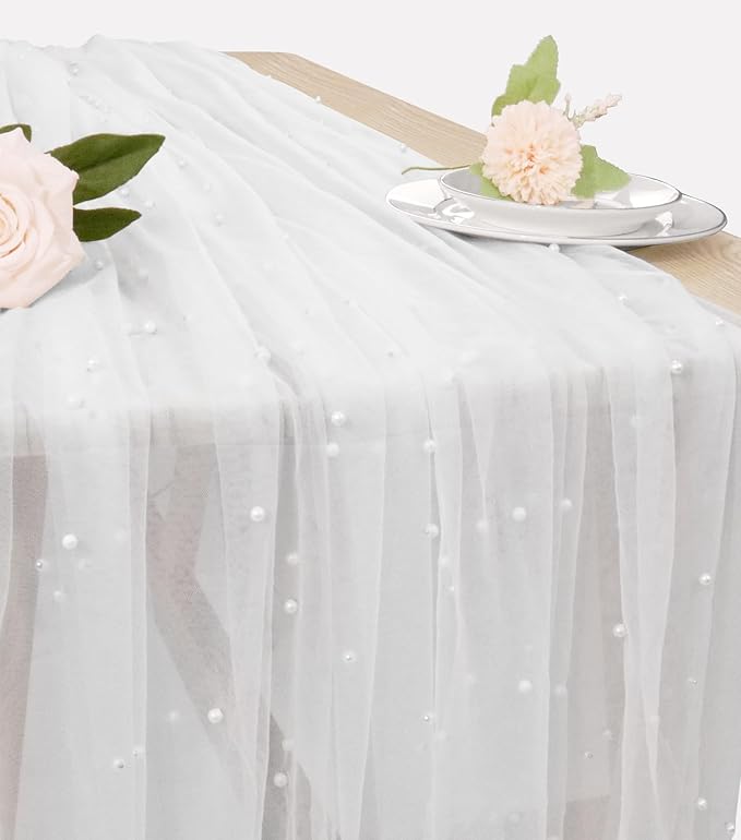 Pearl Table Runner 29 x 120 Inch Tulle Fabric Lace Table Runners Boho Rustic by JALANCY