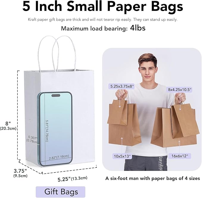 GSSUSA White Gift Bags 5.25x3.75x8 400Pcs, Paper Bags - Image 2