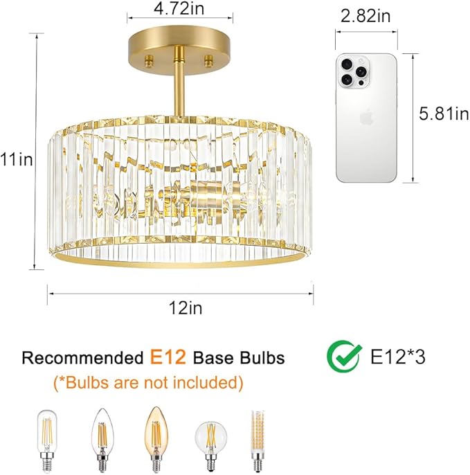 Modern Crystal Ceiling Light, Brushed Gold Semi Flush Mount Ceiling Lighting - Image 7