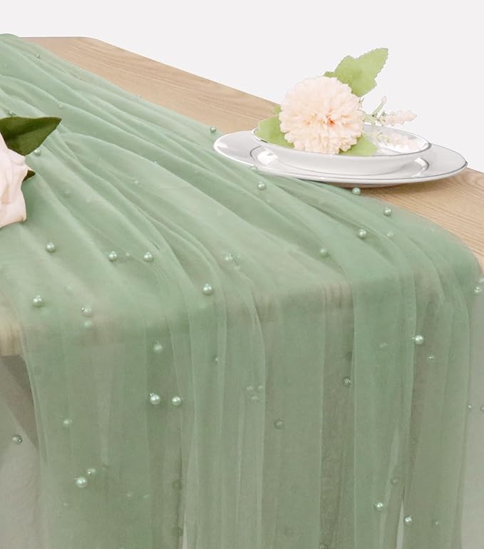 Pearl Table Runner 29 x 120 Inch Tulle Fabric Lace Table Runners Boho Rustic by JALANCY