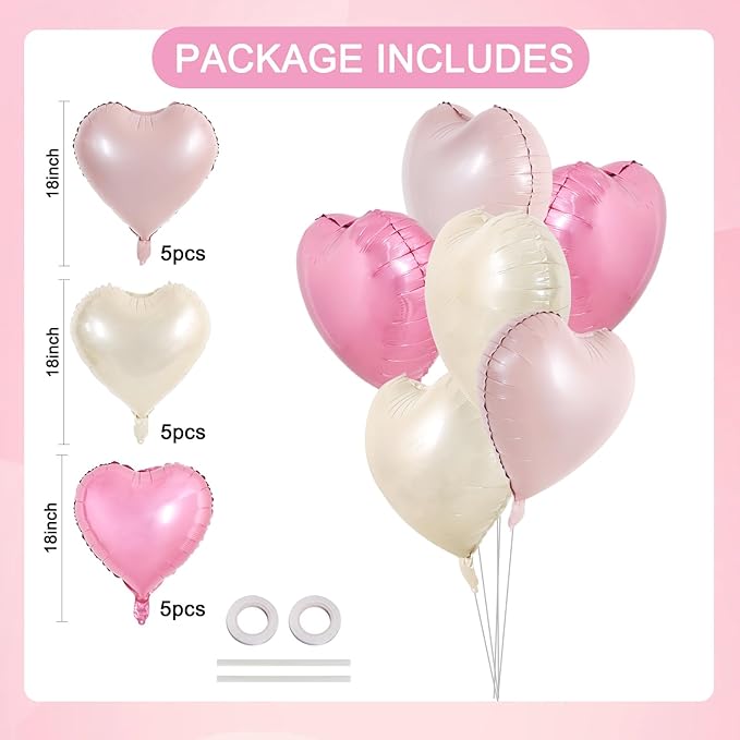 TONIFUL 15Pcs 18 Inch Heart Balloons Pastel Pink Cream White Pink Heart Shape - Image 2
