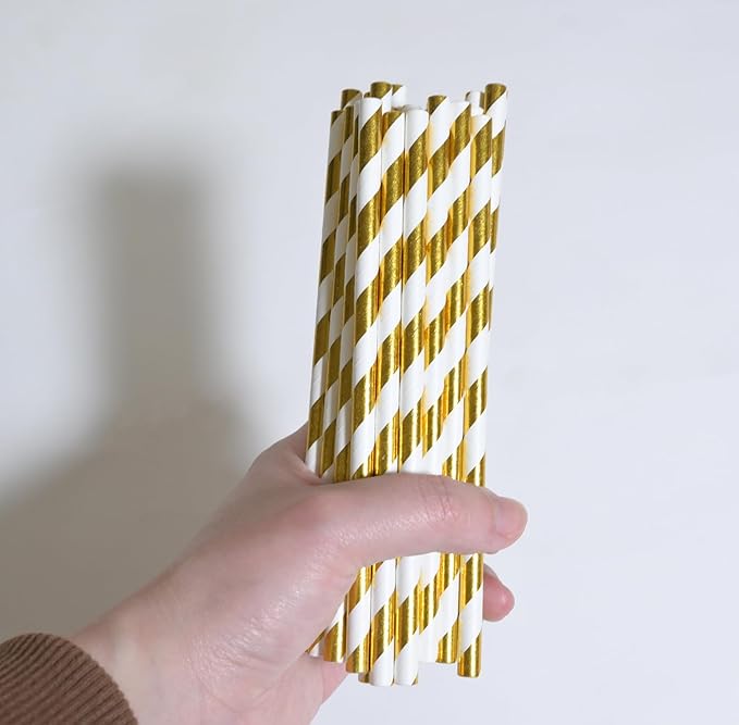 Gold White Stripe Paper Straws - Image 5