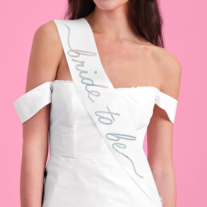 xo, Fetti White Satin Bride to Be Sash, Iridescent Foil | Bachelorette Wearable by xoFetti