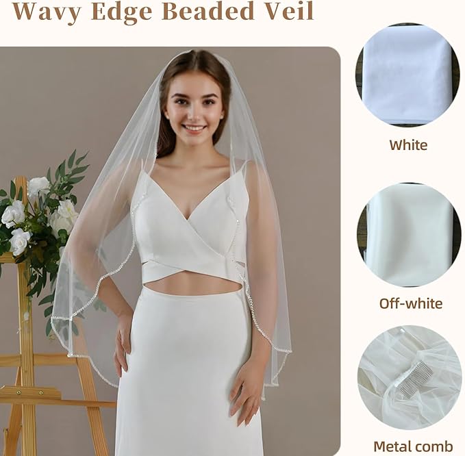 Bridal Veils Pearls and Crystals Beaded Edge Fingertip Length Wedding Veil - Image 2