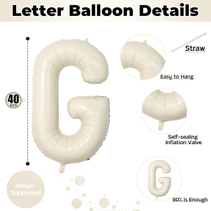 40 Inch Custom Letter Balloons, Giant Alphabet G Foil Name Balloon Cream White - Image 2