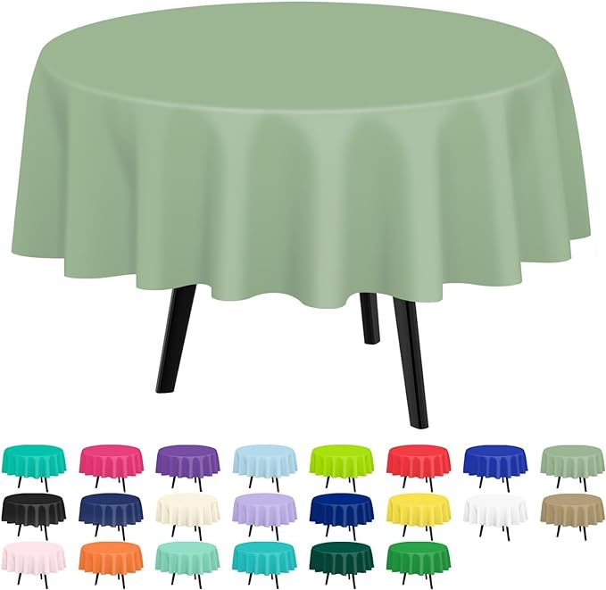 QIKSION Sage Green Round Tablecloth 6 Pack, 84 Inch Plastic Table Cover by QIKSION