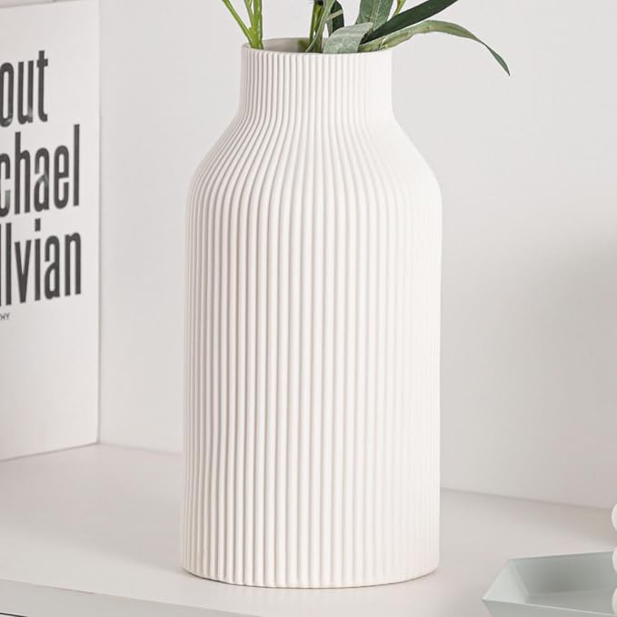 10 Inch White Ceramic Vase for Decor, Minimalist Modern Home Decorative Large by GauHolia