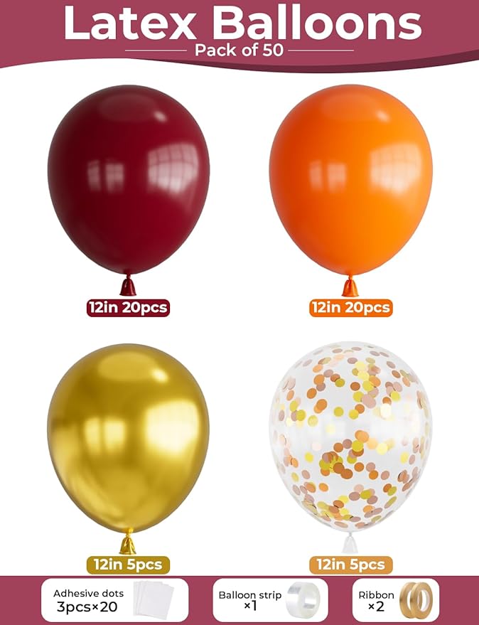 Fall Balloons, 12 Inch Thanksgiving Balloons Set Burgundy Orange Metallic Gold - Image 4