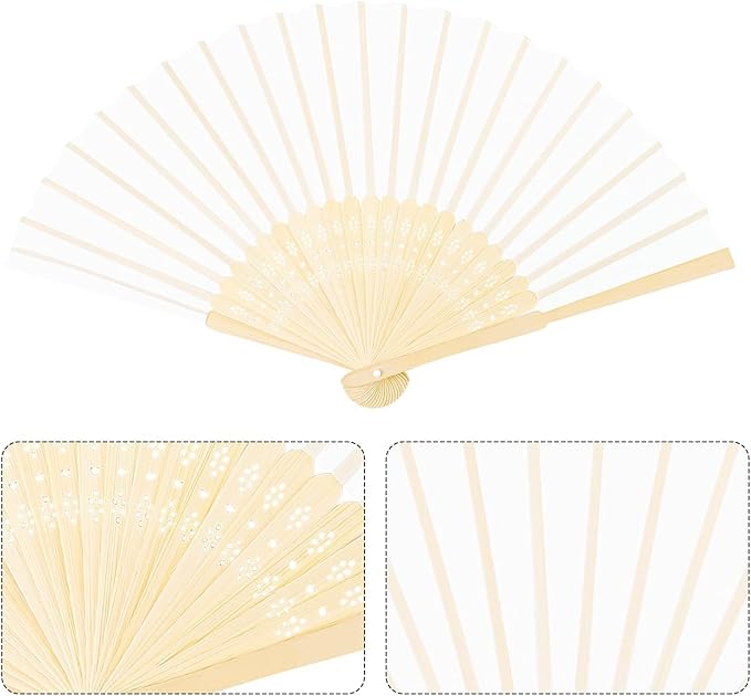 URATOT 48 Pieces White Folding Fans Silk Bamboo Folding Fans Handheld Fan - Image 3