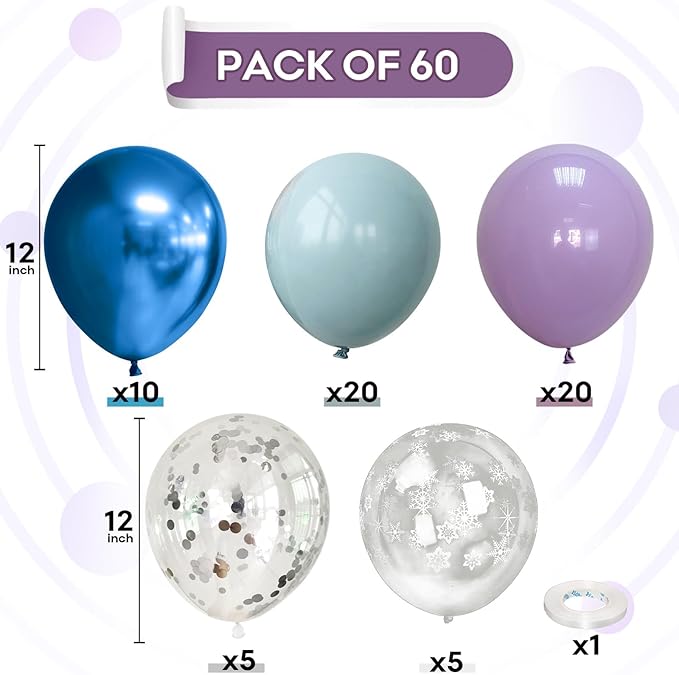 60Pcs Snowflake Balloons, Dusty Light Blue Purple Metallic Dark Blue Snowflake - Image 2