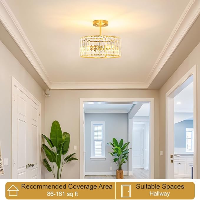 Modern Crystal Ceiling Light, Brushed Gold Semi Flush Mount Ceiling Lighting - Image 3