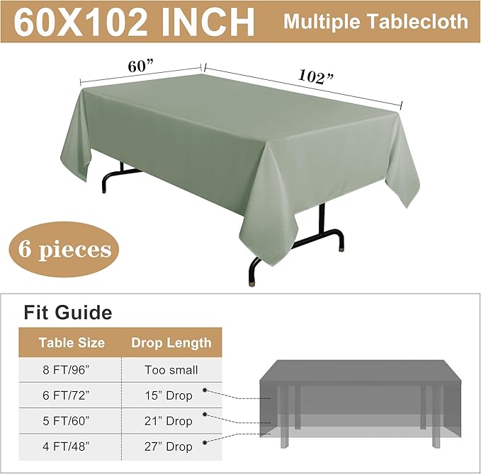 sancua 6 Pack Sage Green Tablecloth 60 x 102 Inch, Rectangle Table Cloth - Image 7