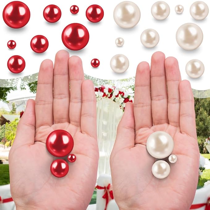 300Pcs Cream&Red Polished No Hole Faux Pearl Beads - Image 3