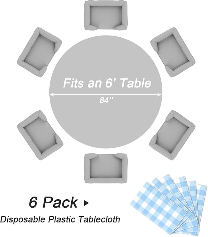 QIKSION Blue Gingham Round Tablecloth 6 Pack, 84 Inch Plastic Checkered Table - Image 5