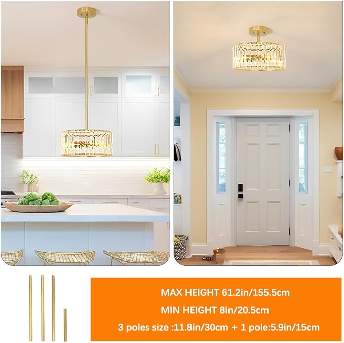 Gold Crystal Chandelier for Dining Room, 3-Light Modern Semi Flush Mount - Image 5
