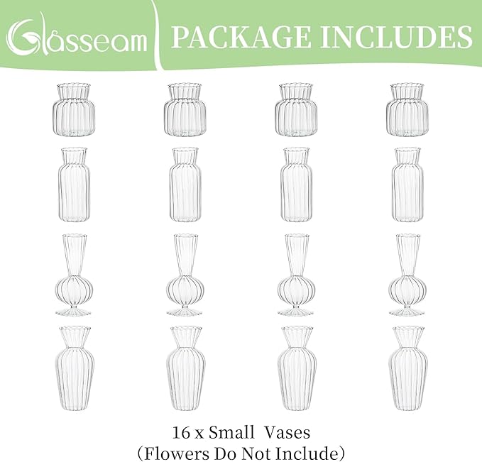 Modern Clear Glass Bud Vase Bulk Set: Glasseam 16Pcs Small Mini Flower - Image 7