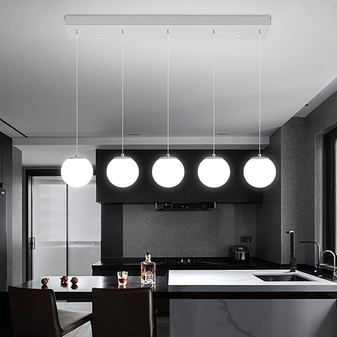 5-Lights Globe Pendant Light for Kitchen Island H 98" Silver Rectangle by ShialLighting