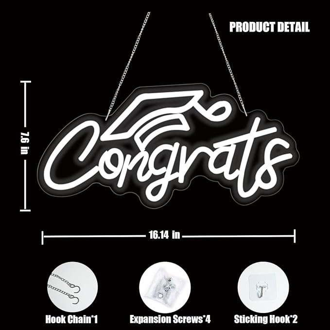 Congrats Grad Neon Sign for Backdrop wall decor，Dimmable USB Powered Light Up - Image 3
