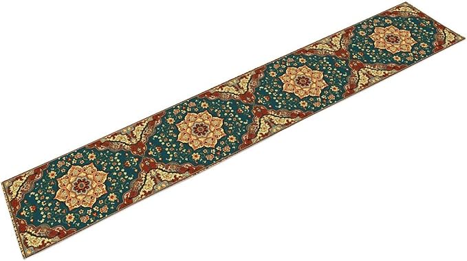 Boho Rich Table Runner, Vintage Blue Teal Gold Retro Flower Rustic Country - Image 7