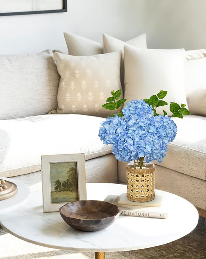 Hollyone Blue Hydrangea Artificial Flowers in Woven Glass Vase - Image 5