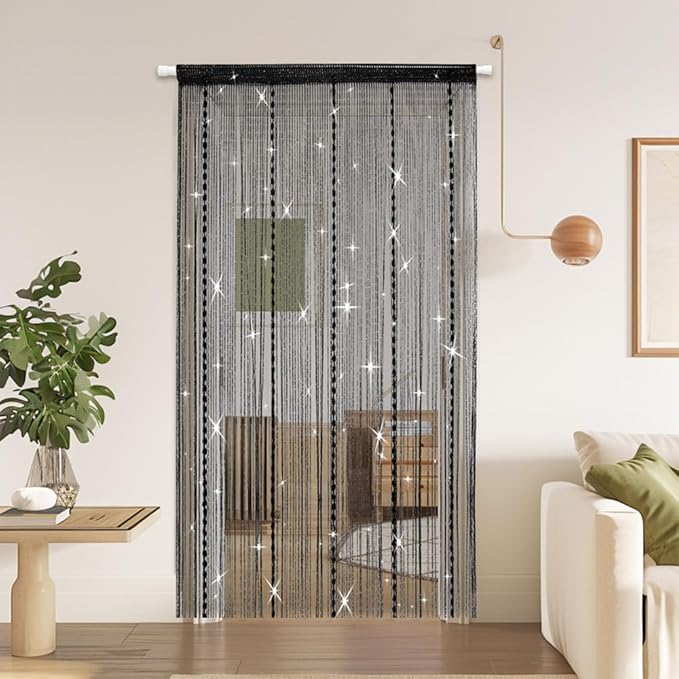 Hysenm Door String Curtains 39x79 Inch Black Panel Soft Balls Romantic Glitter - Image 6