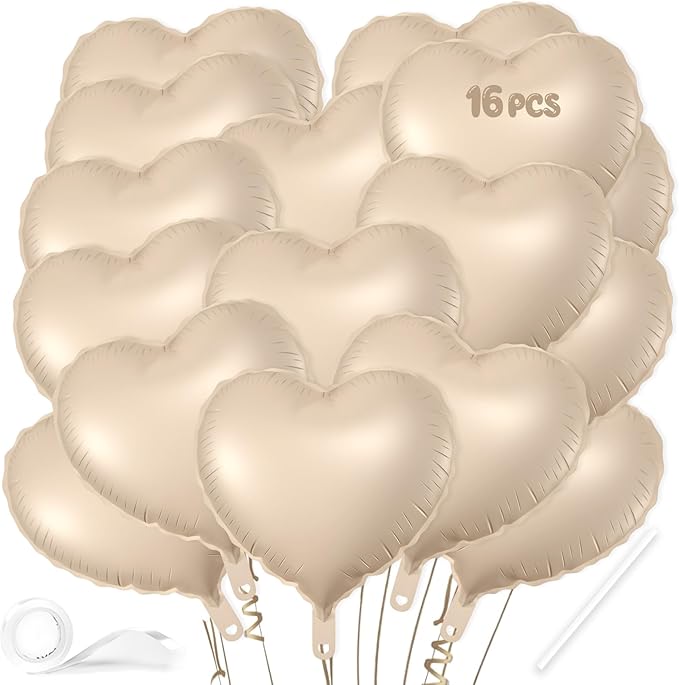 16 Pcs Heart Balloons, 18 Inch Beige Love Heart Shaped Foil Balloons by VHUWE