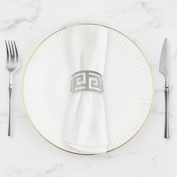Shiny Silver Napkin Rings Set of 12, Greek Key Round, Modern Cuff Design - Image 3