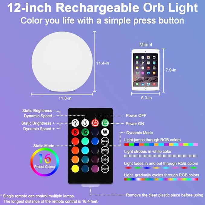 12-in LED Globe Orb Lamp, Dimmable RGB Color Changing Glowing Orb Lights - Image 9