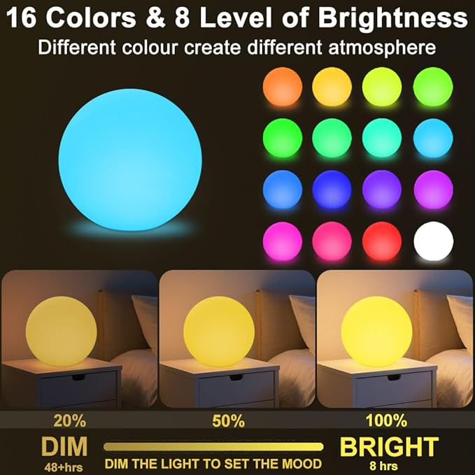 12-in LED Globe Orb Lamp, Dimmable RGB Color Changing Glowing Orb Lights - Image 2
