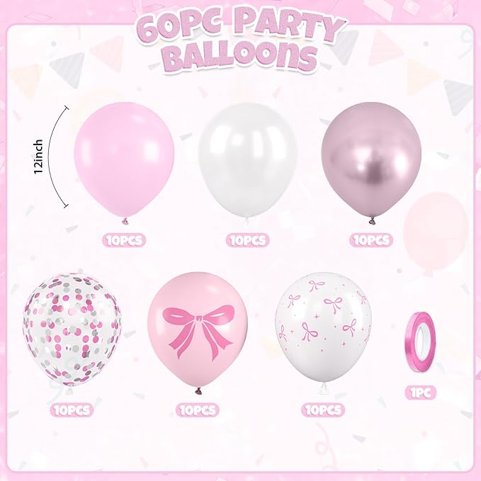 Pink Bow Latex Balloons, Bow Printed Balloon Metallic Confetti Balloon - Image 2