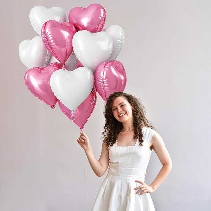 Heart Foil Balloons, 18 Inch White & Pink Heart Shape Mylar Balloons - Image 5