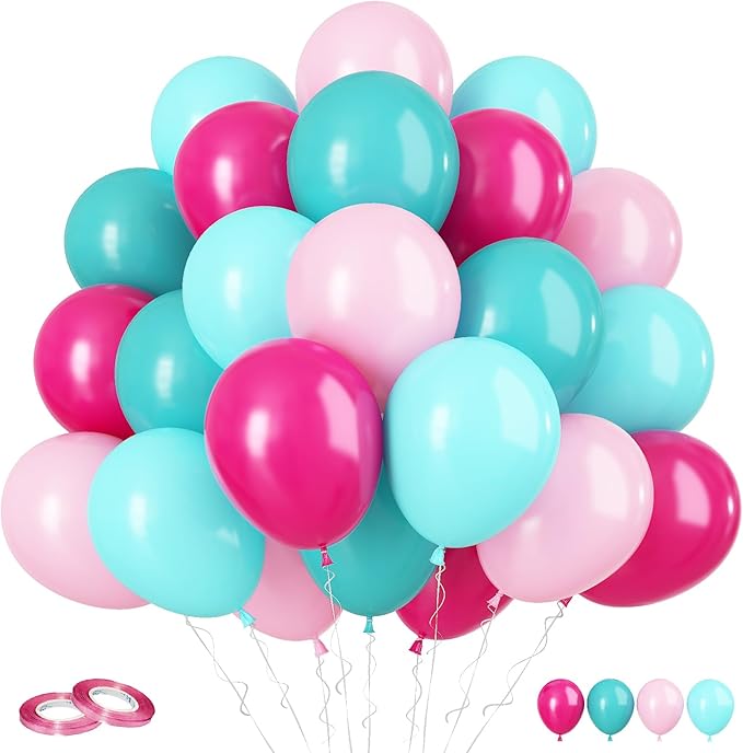 Pink Blue Balloons, 12 Inch Hot Pink Confetti Helium Balloon Rose Red Turquoise by FunHot