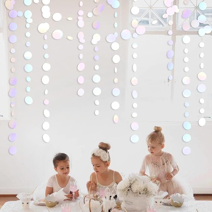 46 Ft White Iridescent Circle Dots Garland Hanging Holographic Polka Dots - Image 6