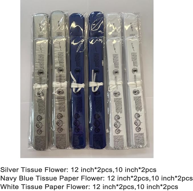 Royal Blue Silver and White Paper Flower Tissue Pom Poms - Image 3