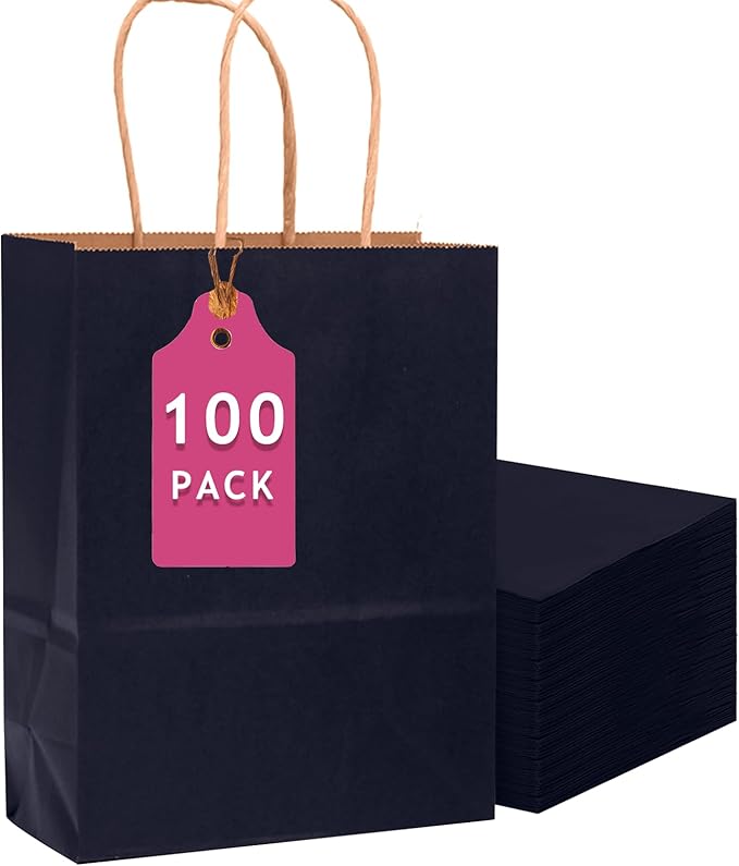 qiqee 100PCS Gift Bag with Handles Bulk Kraft Navy Blue Paper Bags Multiple Uses by Qiqee