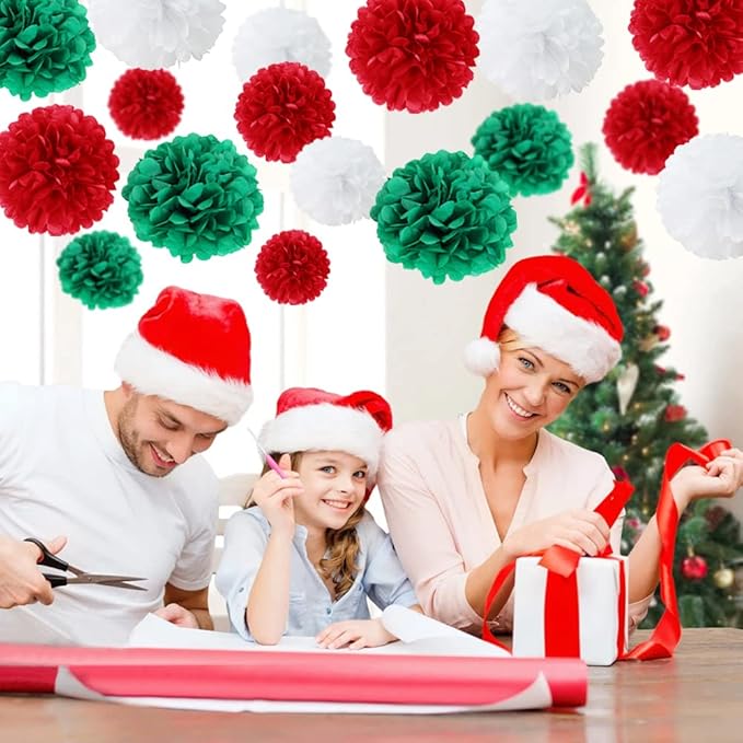 Easy Joy 17Pcs Christmas New Year Hanging Decoration Red Green White Paper Pom - Image 2