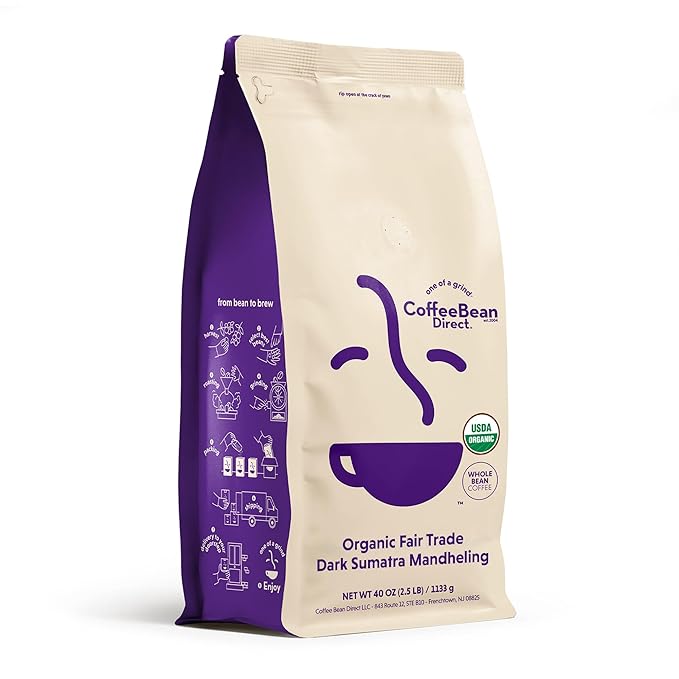 Coffee Bean Direct Organic Fair Trade Dark Sumatra Mandheling, Whole Bean Coffee by CoffeeBeanDirect