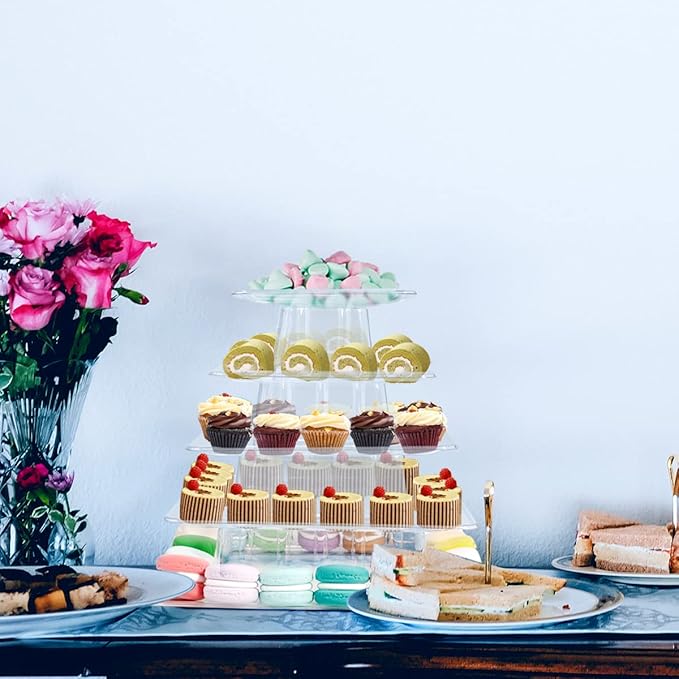 5 Tiers Square Macaron Tower Stand, Plastic Transparent Cake Stand Macaroon - Image 9