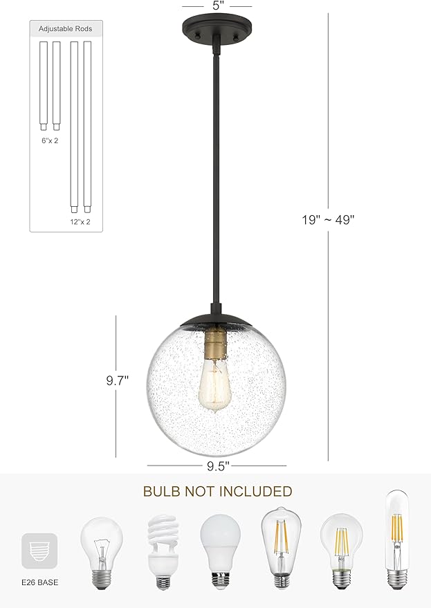 Globe Pendant Lighting, 9.5 inch Seeded Globe Glass Shade - Image 4