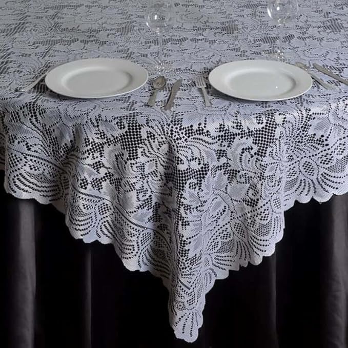 Efavormart 90" x 90" White Square Lace Table Overlay - Image 3